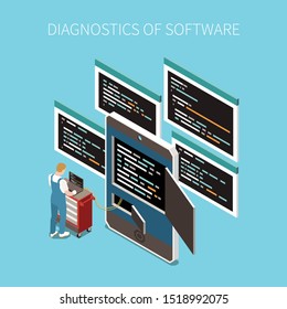 Software diagnostics concept with programming code symbols isometric vector illustration