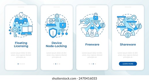 Software distribution models blue onboarding mobile app screen. Walkthrough 4 steps editable graphic instructions with linear concepts. UI, UX, GUI template