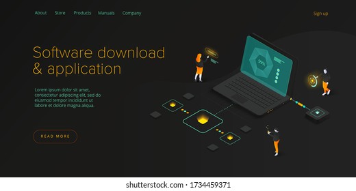Software download and application isometric vector illustration. Program engeneers working on web app development, coding and testing. Website banner layout template.