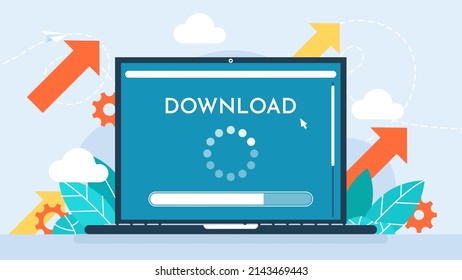 Software download or operating system. Updating progress bar. Installing app patch. Download to keep the device up to date with added functionality in the new version. Flat design. Vector illustration