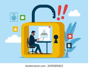 Engenheiro de software em Castle, trabalhando em Hacking de Informações on-line. Computador com Conta Bloqueada na Tela. Hackear e explorar resultados. Ilustração plana vetorial.