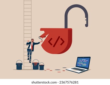 Software engineer climb up ladder to paint a unlock lock. Open source programming. Vector illustration. 