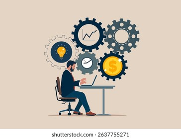 Software engineer with cog gear production. Optimize cost and expense for better profit strategy. Vector illustration