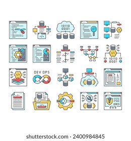 software engineer computer code icons set vector. technology business, developer office, programmer people, man, website internet software engineer computer code color line illustrations