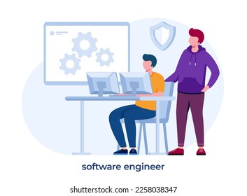 Concepto de ingeniero de software. Idea de programación y codificación, desarrollo de sistemas. Tecnología digital. Software que desarrolla código de escritura de la empresa. Ilustración vectorial aislada