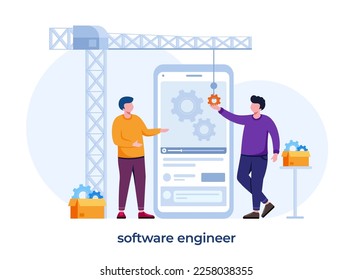 Software engineer concept. Idea of programming and coding, system development. Digital technology. Software developing company writing code. Isolated vector illustration