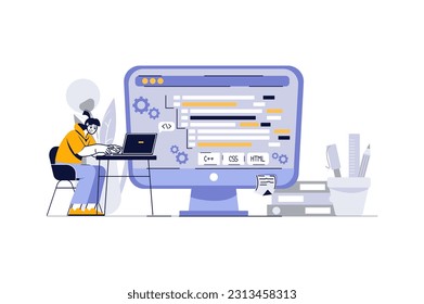 Software engineer concept with people scene in the flat cartoon design. A software engineering specialist works with the core of laptops and computers. Vector illustration.