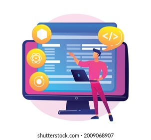 Software engineer concept. Web design and development, programmer and coding website or app. project engineer, programming software, application, developer, HTML, PHP, JS, CSS, Java Script, languages.