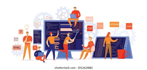 Software Engineer Concept. Web Design And Development, Programmer And Coding Website Or App. Project Engineer, Programming Software, Application, Developer, HTML, PHP, JS, CSS, Java Script, Languages.