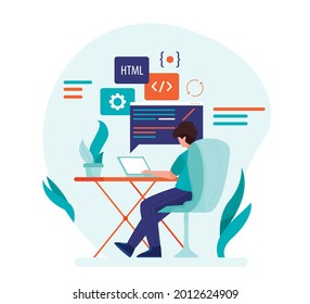 Software Engineer Concept. Web Design And Development, Programmer And Coding Website Or App. Project Engineer, Programming Software, Application, Developer, HTML, PHP, JS, CSS, Java Script, Languages.