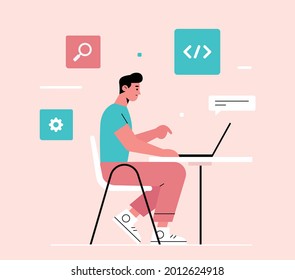 Software Engineer Concept. Web Design And Development, Programmer And Coding Website Or App. Project Engineer, Programming Software, Application, Developer, HTML, PHP, JS, CSS, Java Script, Languages.