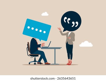 Engenheiro de software com conversa em conferência. Tenha uma discussão animada. Diálogo produtivo ou conversa entre. Ilustração de vetor plano. 