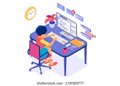 Software engineer developing program. Woman sits at computer table and programs. Developer creating program for online chat website. Banner with isometric characters. Isolated vector illustration