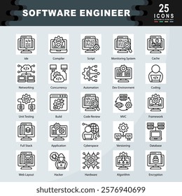 Software Engineer icon set containing Monitoring System, Ide, Strengths, Compiler, Script, Cache, Networking, Concurrency, Automation, Dev Environment, Coding icon. Simple line vector