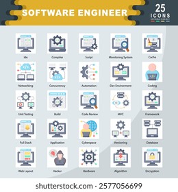 Software Engineer icon set containing Monitoring System, Ide, Strengths, Compiler, Script, Cache, Networking, Concurrency, Automation, Dev Environment, Coding icon. Simple flat vector