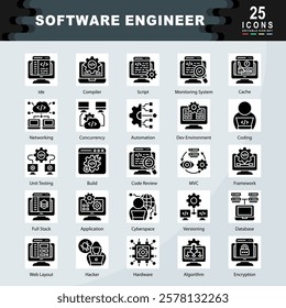 Software Engineer icon set containing Monitoring System, Ide, Strengths, Compiler, Script, Cache, Networking, Concurrency, Automation, Dev Environment, Coding icon. Simple glyph vector