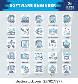 Software Engineer icon set containing Monitoring System, Ide, Strengths, Compiler, Script, Cache, Networking, Concurrency, Automation, Dev Environment, Coding icon. Simple vector illustration