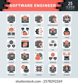 Software Engineer icon set containing Monitoring System, Ide, Strengths, Compiler, Script, Cache, Networking, Concurrency, Automation, Dev Environment, Coding icon. Simple vector illustration