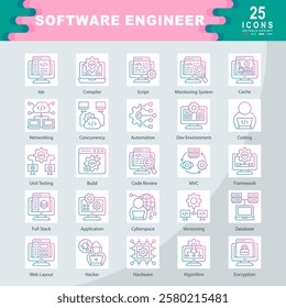 Software Engineer icon set containing Monitoring System, Ide, Strengths, Compiler, Script, Cache, Networking, Concurrency, Automation, Dev Environment, Coding icon. simple gradient vector