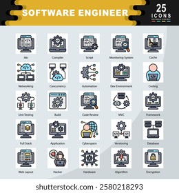 Software Engineer icon set containing Monitoring System, Ide, Strengths, Compiler, Script, Cache, Networking, Concurrency, Automation, Dev Environment, Coding icon. Simple flat line vector