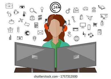 Software engineer isolated on white background. Computer programmer at work. Website services developer. Business analyst, designer, manager, businesswoman marketer working in the office. Stock vector