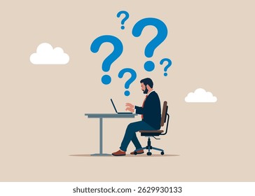 Software engineer looking searching answers to questions. Thinking of who what where when why and how. Asking questions for solution to solve problem, technology analysis and business analysis to new 
