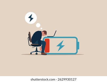 Engenheiro de software com bateria fraca. Burnout, sobrecarga. Lute contra o esgotamento no trabalho. Programação de código aberto, código de produtos digitais. Ilustração vetorial plana moderna.