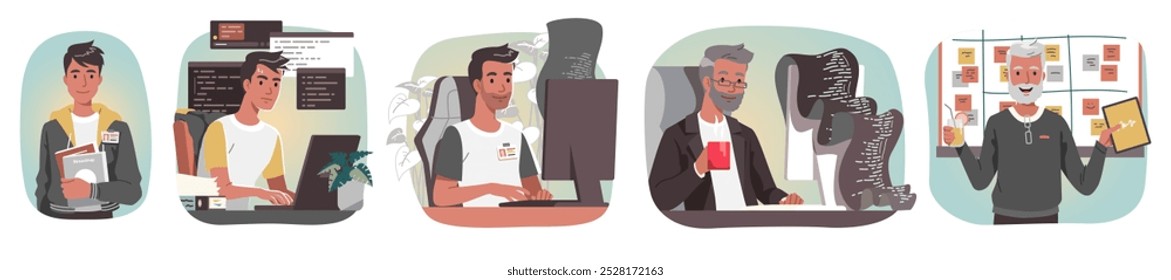 Engenheiro de software, muitos estágios de carreira definidos. Estudante, trabalhador terceirizado, intermediário, desenvolvedor sênior que trabalha com codificação em computadores, chefe de equipe. Ilustração de conceito de profissão de etapas de desenvolvimento de programador de aplicativo