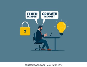Software engineer in the middle of two thoughts. Comparison between fixed mindset vs growth mindset. Modern flat vector illustration.