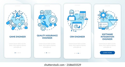 Software engineer paths blue onboarding mobile app screen. Walkthrough 4 steps editable graphic instructions with linear concepts. UI, UX, GUI template. Myriad Pro-Bold, Regular fonts used