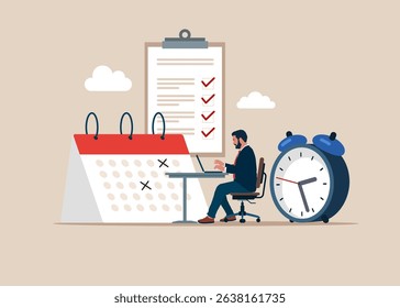 Software engineer with Self discipline to complete work or achieve business target, time management to increase productivity concept, businessman balancing clock and calendar on completed task paper