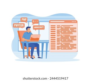 Software engineer sit in chair working on laptop use programming language code. flat vector modern illustration 