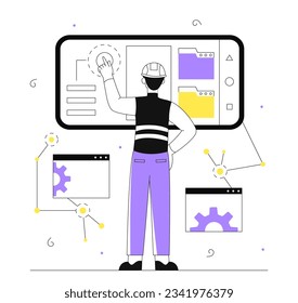 Software engineer with smartphone line. Man in protective helmet with folders. Technician with gadget and device. Modern technologies and digital world. Linear flat vector illustration svg