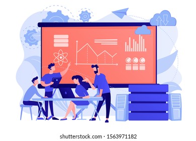 Software Engineer, Statistician, Visualizer and Analyst working on a project. Big data conference, big data presentation, data science concept. Pinkish coral bluevector isolated illustration