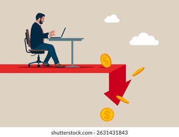 Engenheiro de software em colapso tecnológico. Instabilidade tecnológica e financeira e queda do mercado de ações. Moeda caindo da pilha de dinheiro instável. Ilustração vetorial.