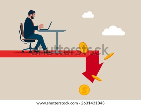 Software engineer in technology collapse. Technology and financial instability and stock market crash. Coin falling from stack of unstable money. Vector illustration.