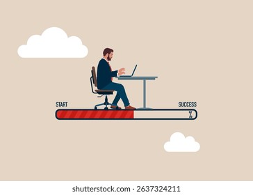 Software engineer traveling to from the start to success.  Challenge your progress and win the race. Flat vector illustration.