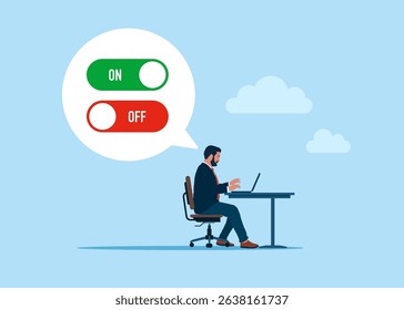 Software engineer turning off and turning on devices. On Off button on laptop screen. Flat vector illustration