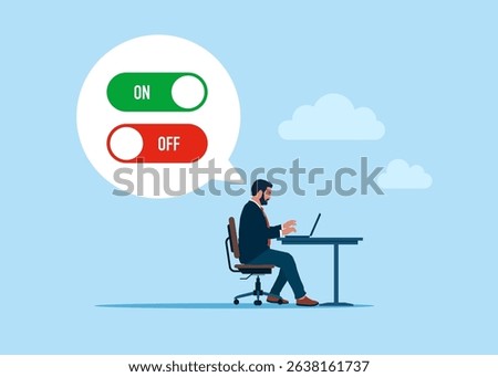 Software engineer turning off and turning on devices. On Off button on laptop screen. Flat vector illustration