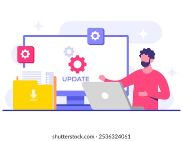 Sistema operativo de los Actualizar del ingeniero de software, Ilustración vectorial plana del Actualizar de software, mantenimiento del sistema, proceso del Actualizar, software de la instalación