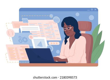 Software engineer at work 2D vector isolated illustration. Coding flat character on cartoon background. Remote work colourful editable scene for mobile, website, presentation. Comfortaa font used