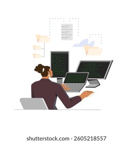 Software engineer working with different computer languages. Coder, programmer and scripts. Flat vector illustration isolated on white background
