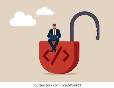 Software engineer working on unlock lock with coding symbol. Open source programming, digital products include permission to use the programming source code.