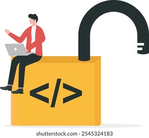 Ingeniero de software trabajando en desbloqueo con símbolo de codificación. Programación de código abierto, los productos digitales incluyen permiso para usar el código fuente de programación.

