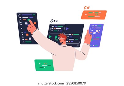 Software engineer writing code, concept. Information technology, coder develops database, algorithm. Backend programmer starts development of program, app. Flat isolated vector illustration on white