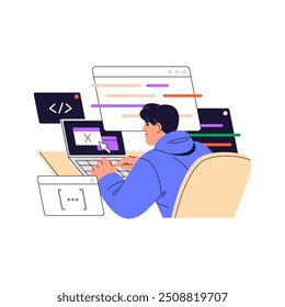 Ingeniero de software escribiendo código en la computadora. Base de datos de programación de codificadores. Programador escribiendo script, resuelve problemas en el algoritmo. Desarrollo digital. Ilustración vectorial aislada plana en blanco