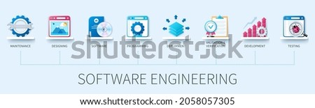 Software engineering banner with icons. Maintenance, designing, software, programming, deployment, validation, verification, development, testing icons. Business concept. Web vector infographic in 3D 