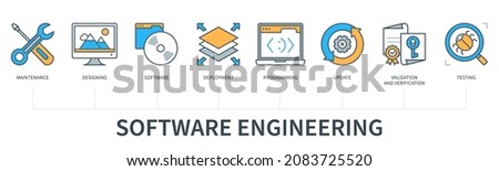 Software engineering concept with icons. Maintenance, designing, software, programming, deployment, validation, verification, update, testing. Web vector infographic in minimal flat line style