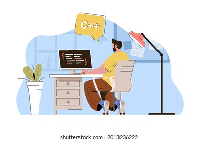 Software engineering concept. Programmer creates apps, works at computer situation. Development of programs people scene. Vector illustration with flat character design for website and mobile site