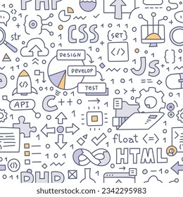 Software engineering. Doodle seamless pattern. The pattern encompasses various elements related to software development, including programming languages, the development process, and coding